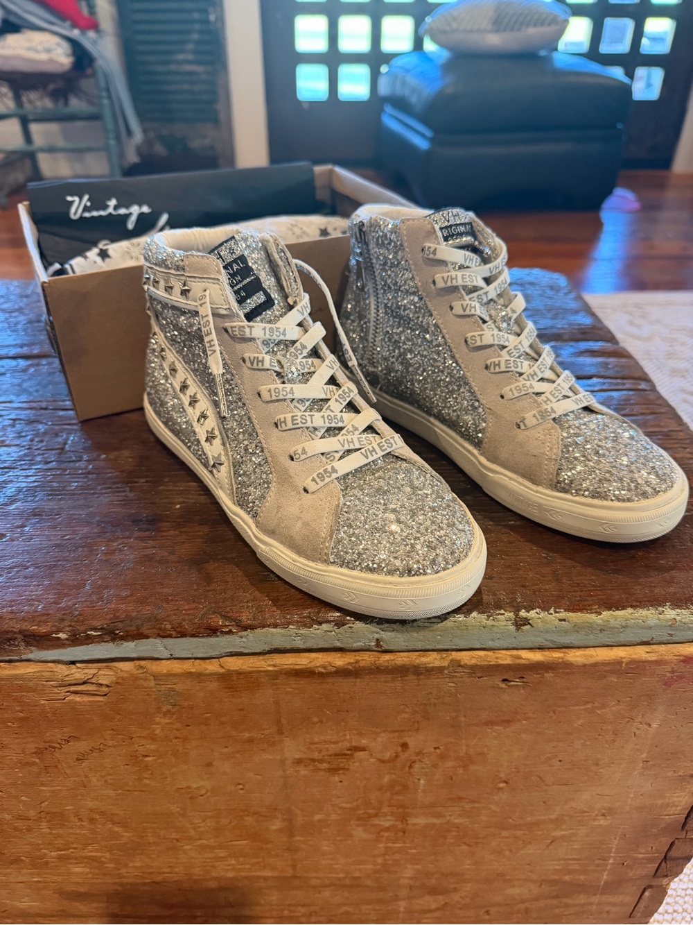 Vintage Havana Silver Glitter High Top Sneakers with Star Studs